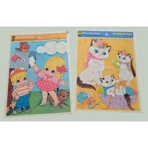 Lot 2 Merrigold Press Frame-Tray Puzzle Vintage 1973 Kittens Happy Notes